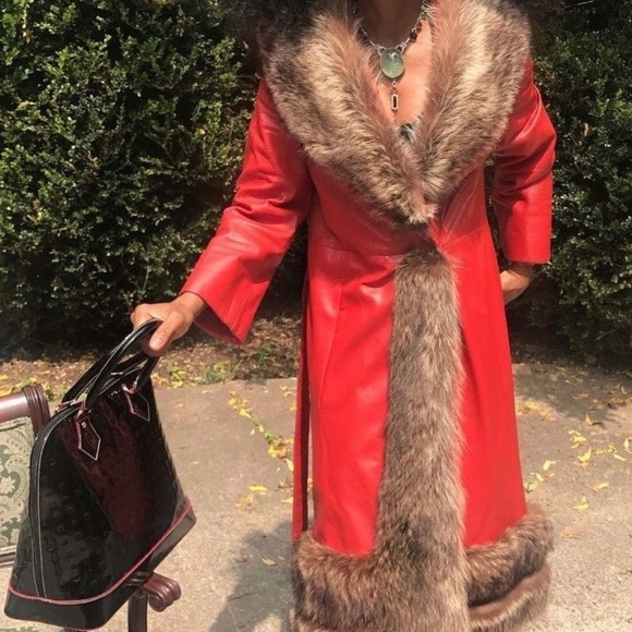 Vtg Designer Samuel Robert Lipstick red leather & Raccoon fur trim Jacket Coat S - Picture 10 of 12